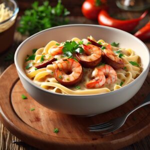 Two Meat Cajun Sausage and Shrimp Alfredo Bowl